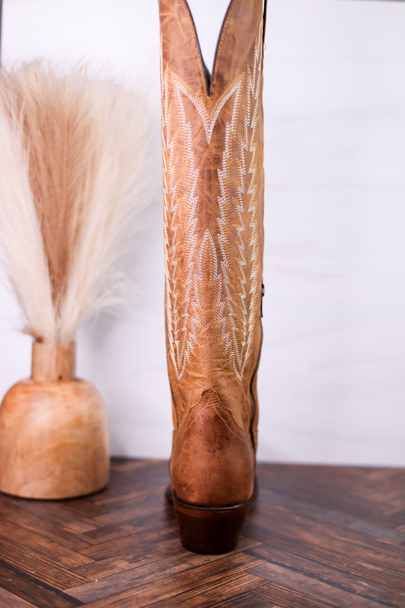 Gia Tall Wide Calf Embroidered Leather Boots In Camel Brown