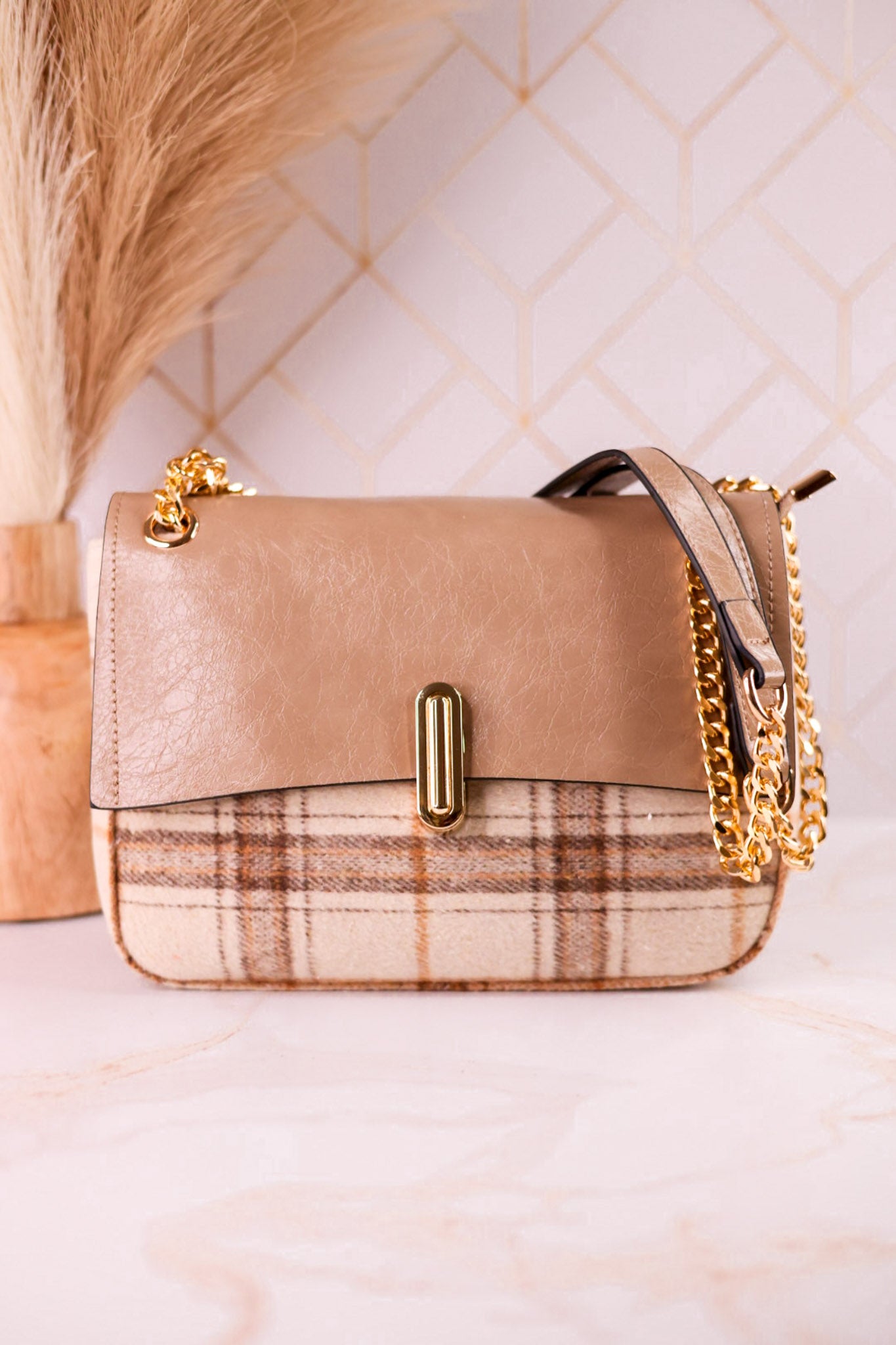 Plaid Shoulder Bag With Adjustable Chain Strap