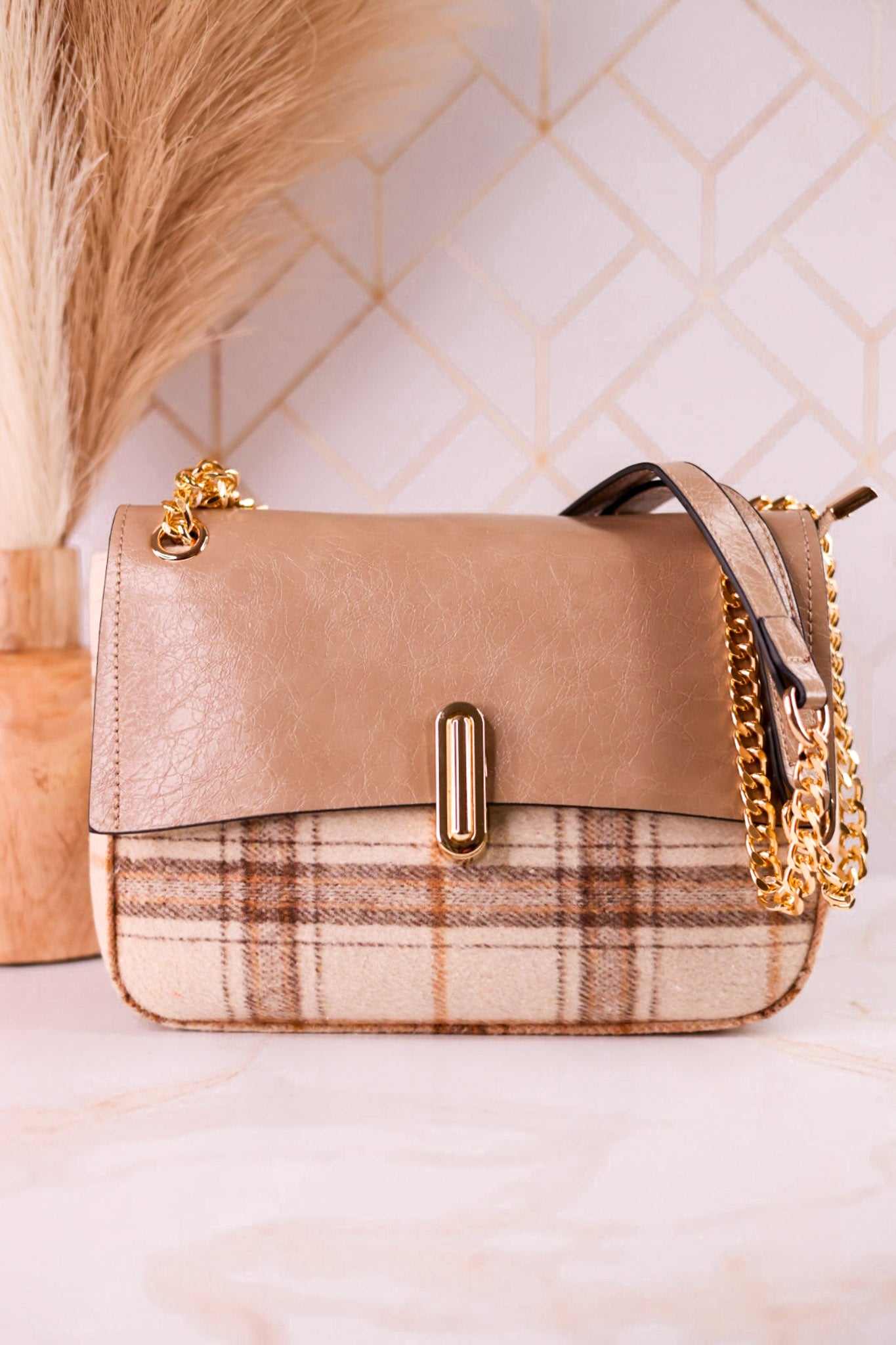 Plaid Shoulder Bag With Adjustable Chain Strap