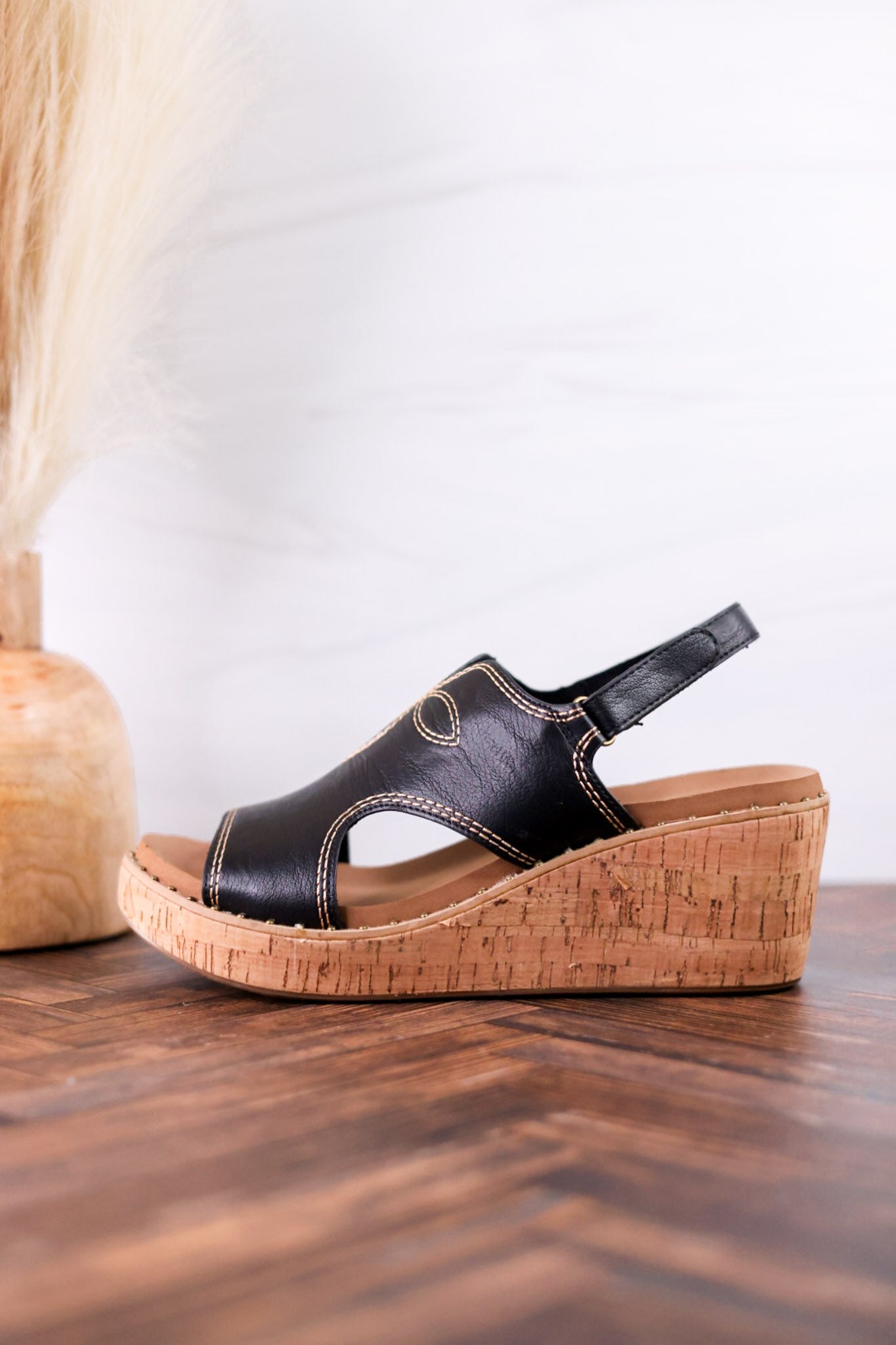 Black Faux Leather Wedges With Stitching featuring slingback strap and cork platform for comfortable stylish Western footwear
