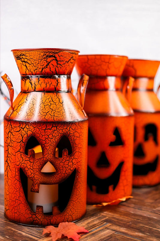 Orange Crackle Jack-O-Lantern Milk Can Luminary (3 Variants)