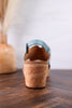 Turquoise Faux Leather Wedges With Stitching showing cork wedge heel and smooth strap on wooden floor with blurred background