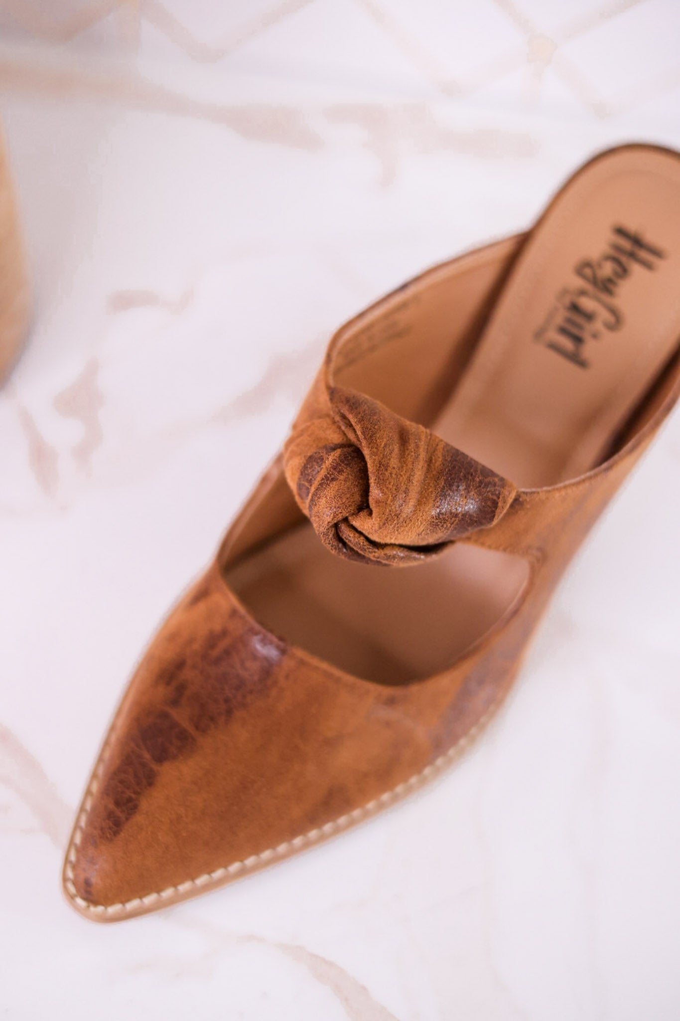 Knot Gonna Happen Distressed Cognac Mule Heels