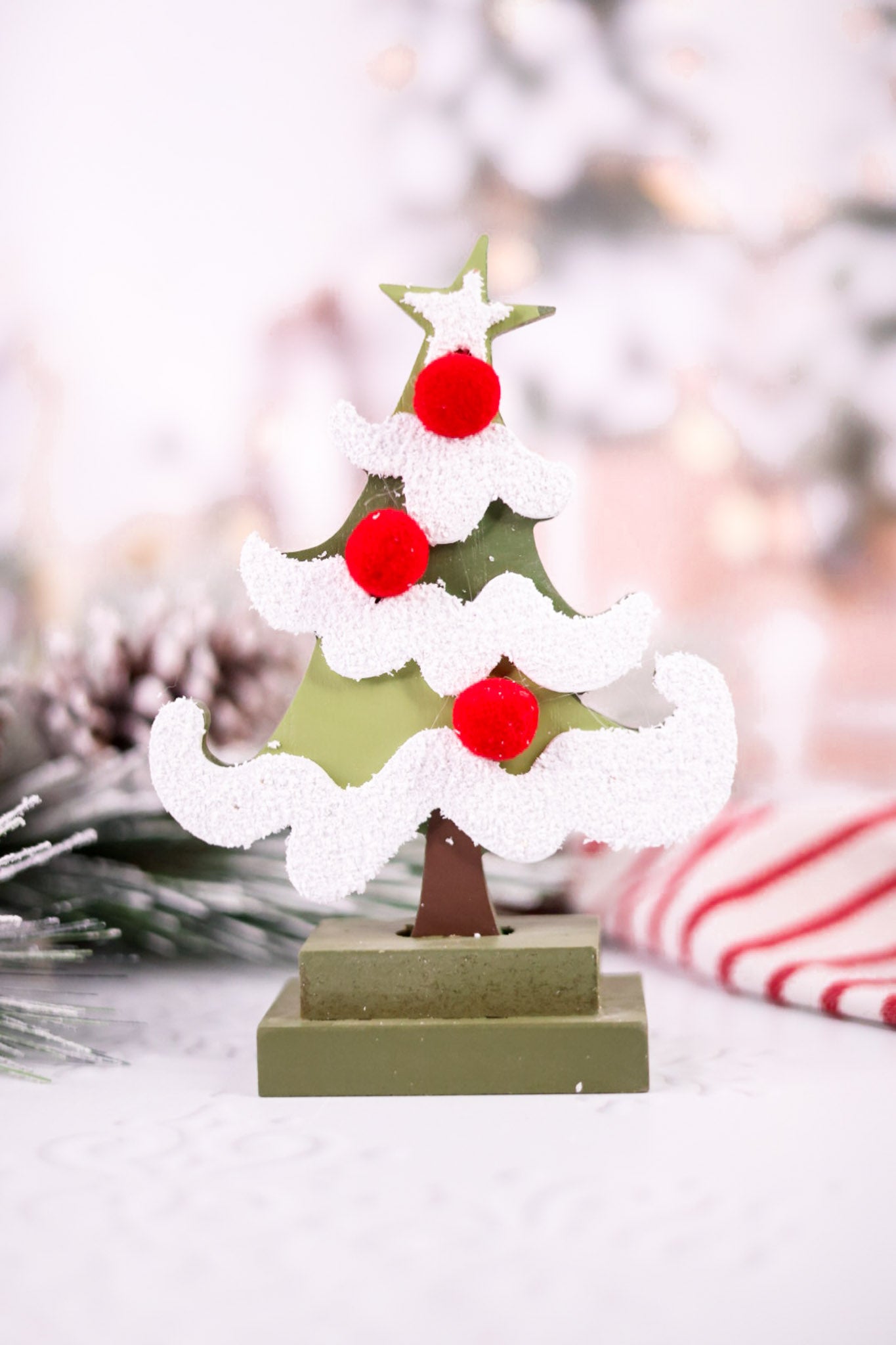 Wooden 7" Christmas Tree Cutout Table Top Decoration On Stand