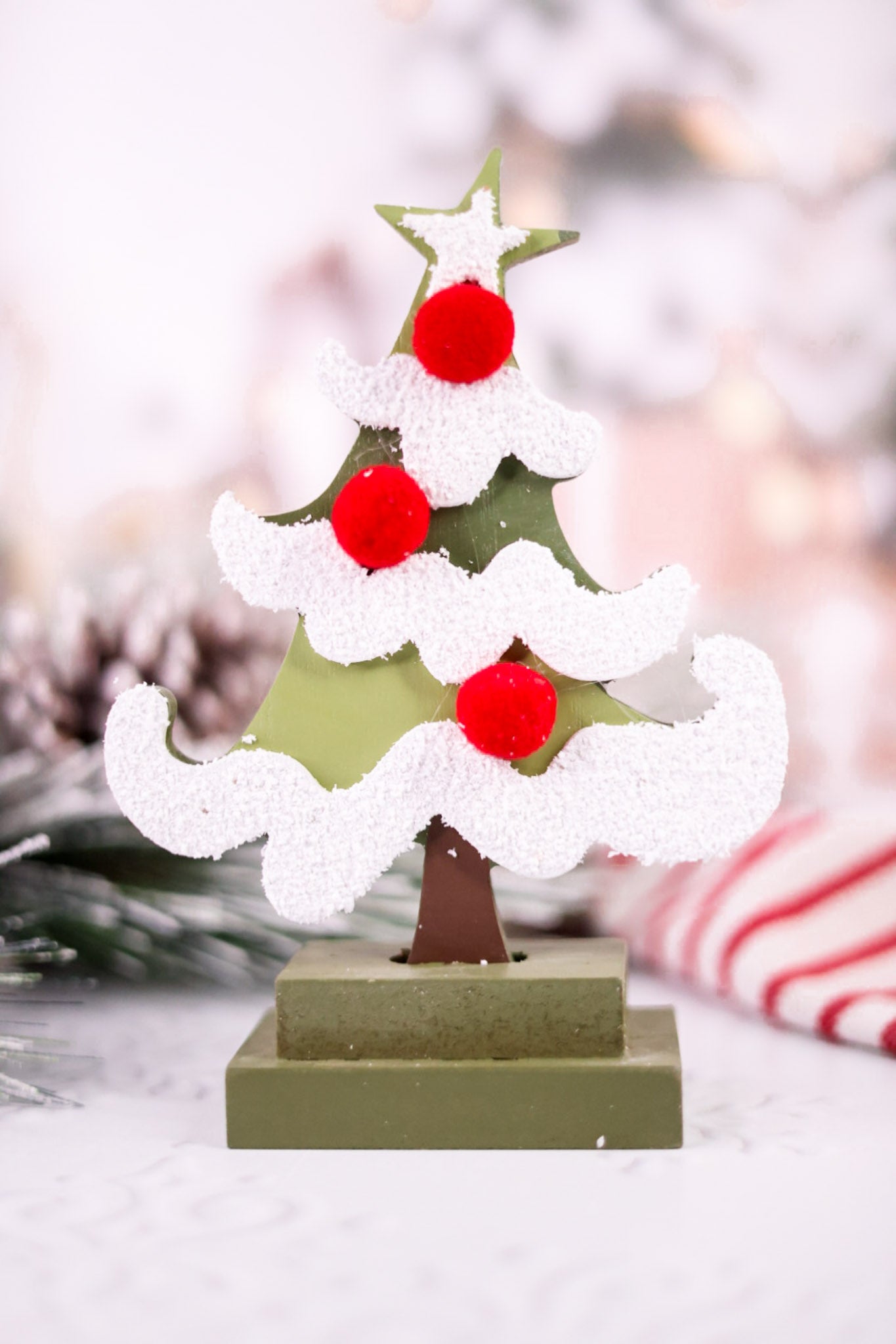 Wooden 7" Christmas Tree Cutout Table Top Decoration On Stand
