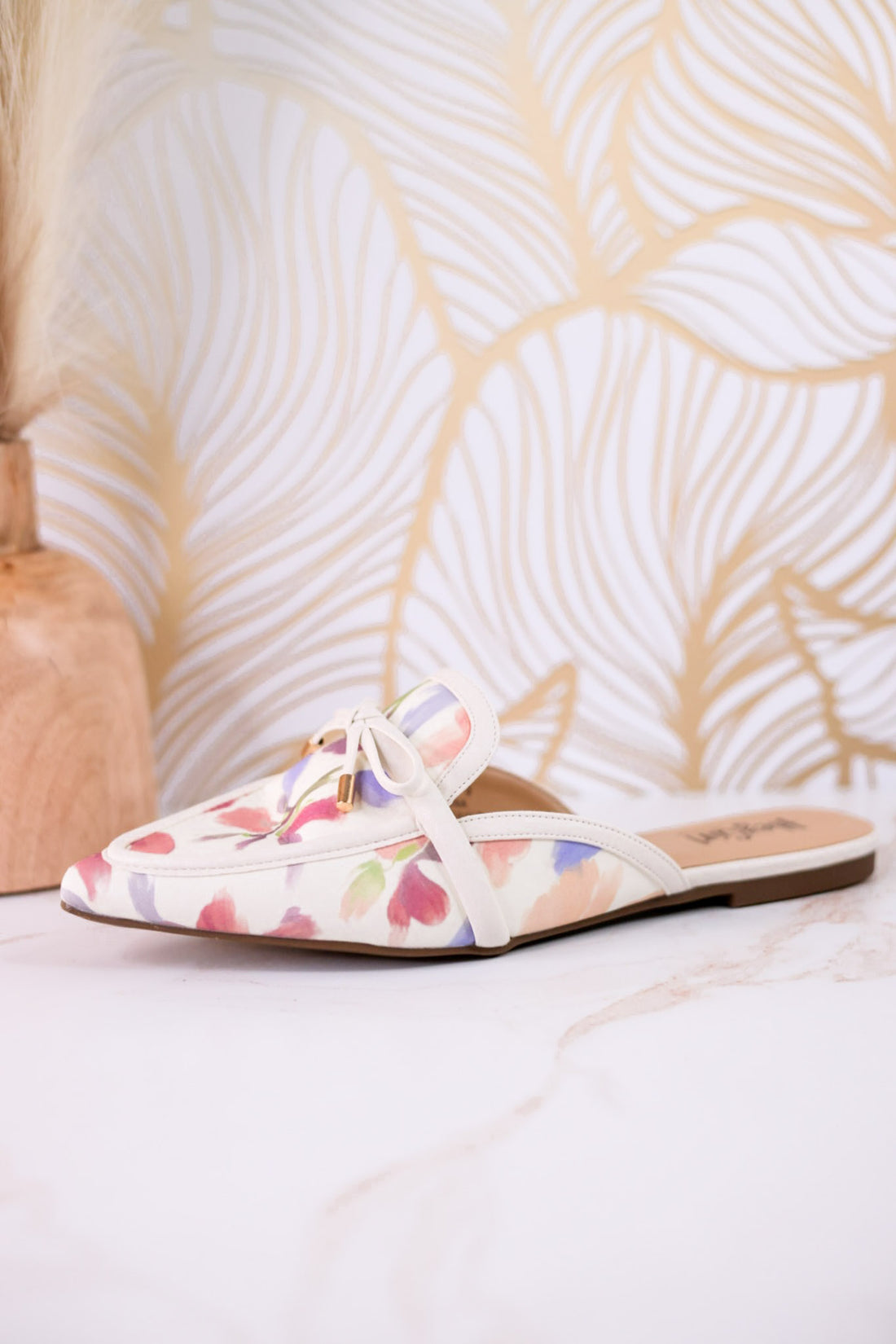 Tip Included Floral Pointed Toe Mules with pastel watercolor floral design and decorative bow for comfortable stylish shoes