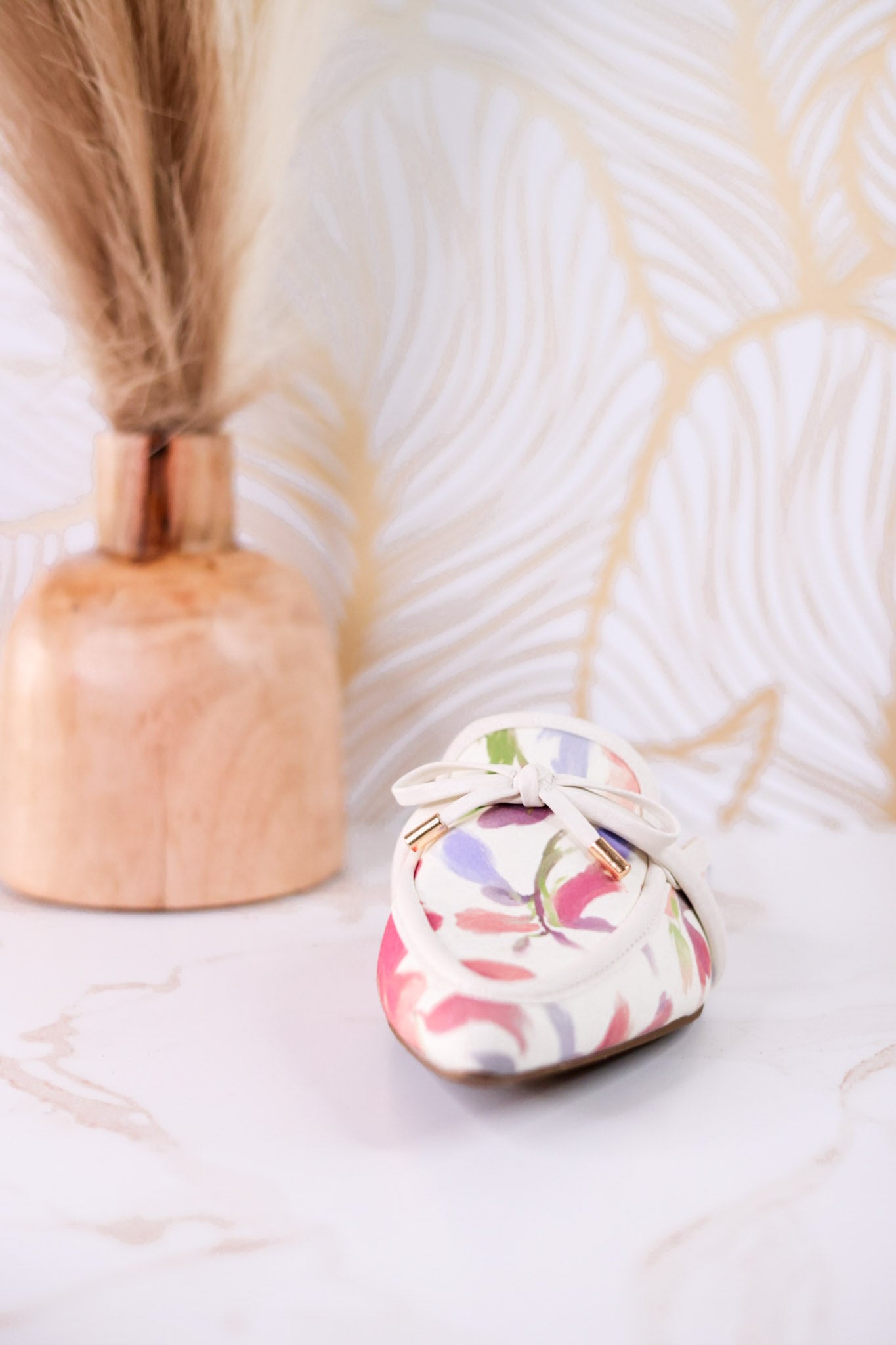 Tip Included Floral Pointed Toe Mules with multicolor floral design and bow accent for stylish comfortable footwear accessory
