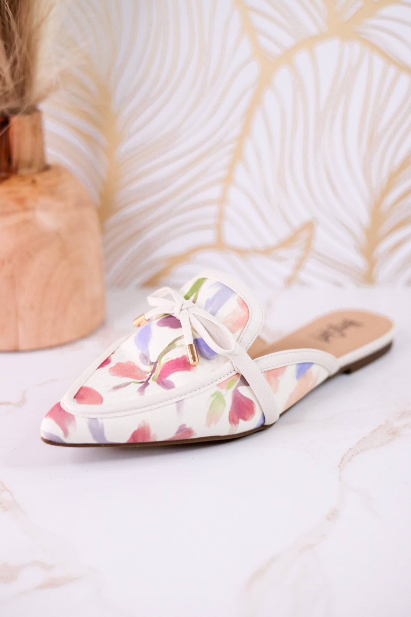 Tip Included Floral Pointed Toe Mules with colorful floral pattern and bow detail for stylish comfortable footwear accessory