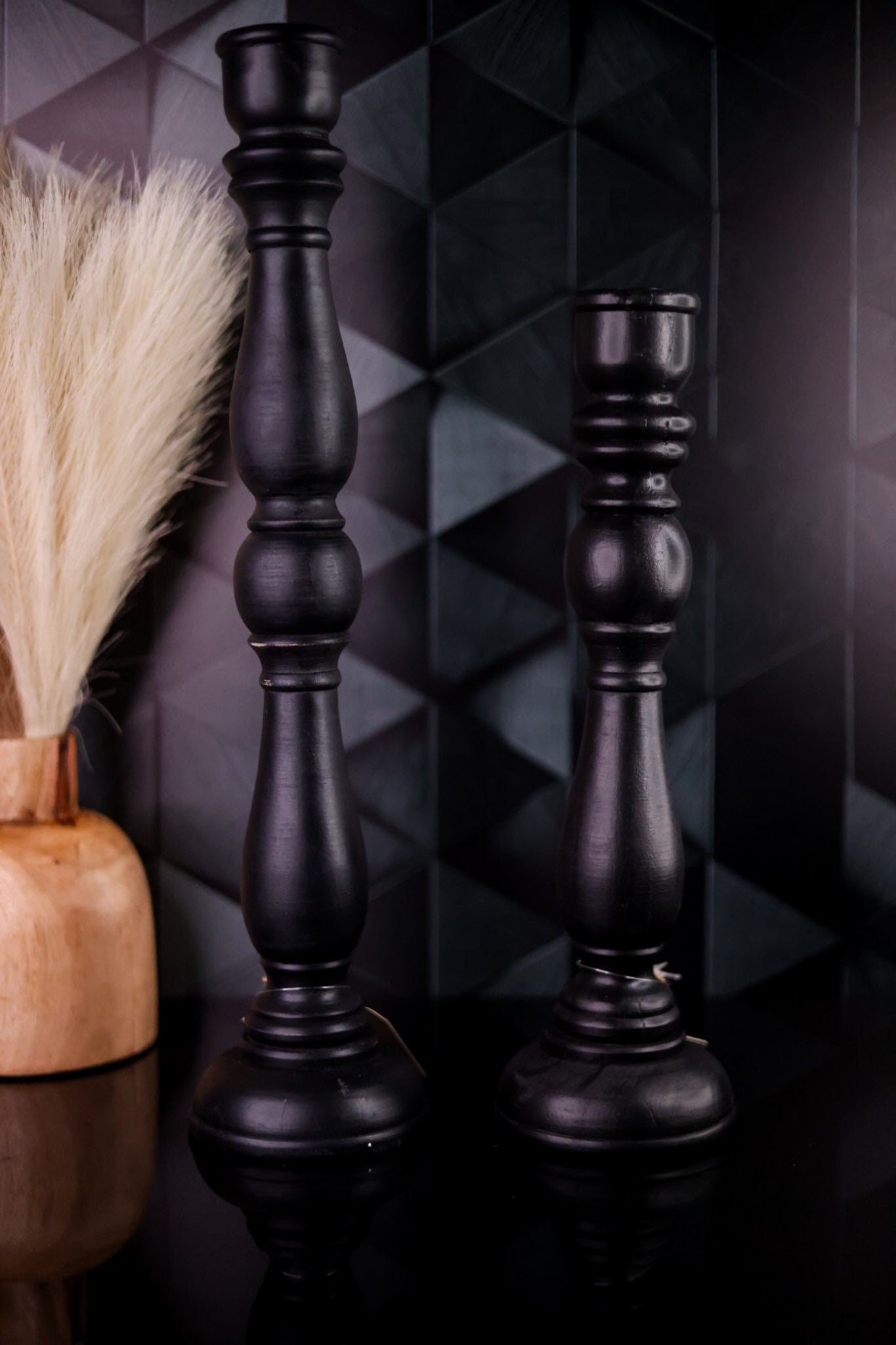 14" Black Wooden Taper Candle Holder