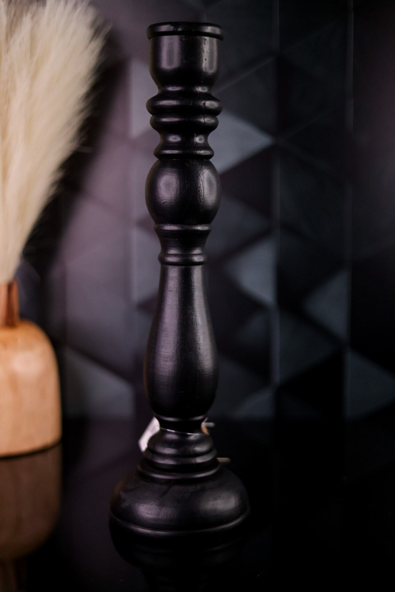 14" Black Wooden Taper Candle Holder