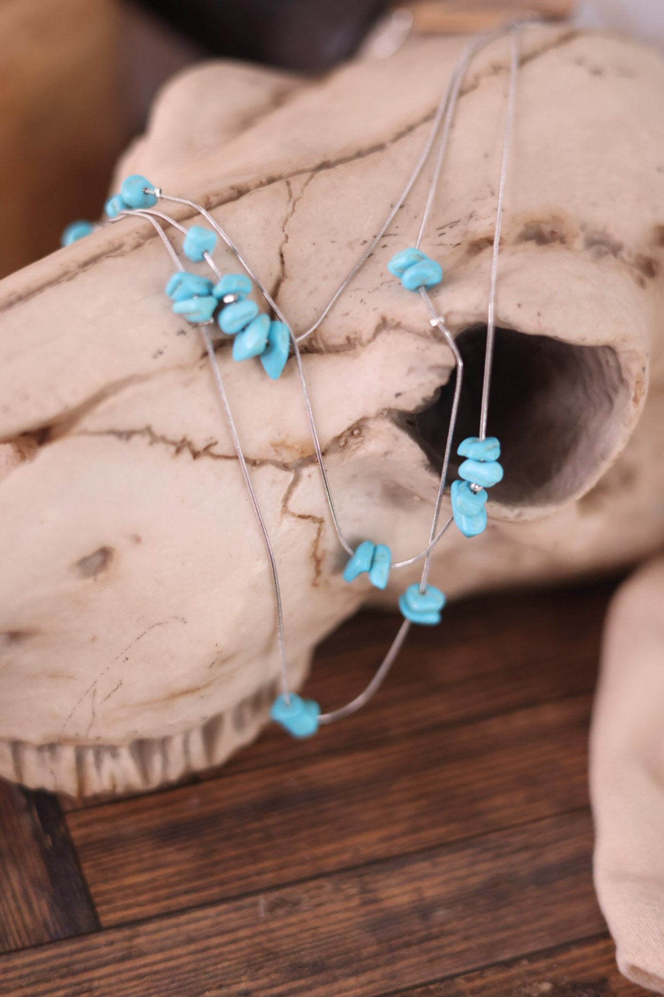 Layered Round Chain Necklace With Turquoise Chips