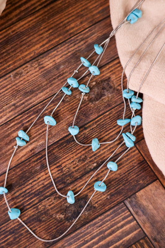 Layered Round Chain Necklace With Turquoise Chips