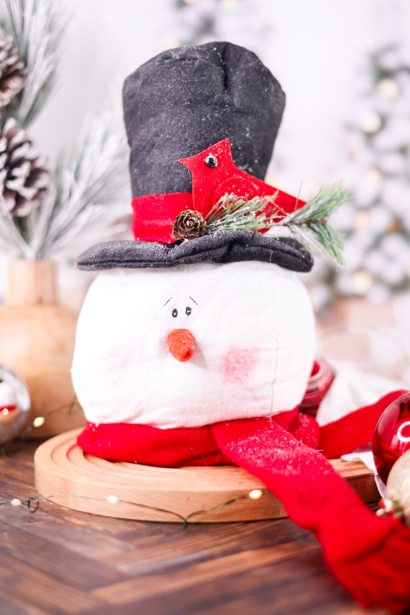 Top Hat And Cardinal Tree Topper Snowman Head