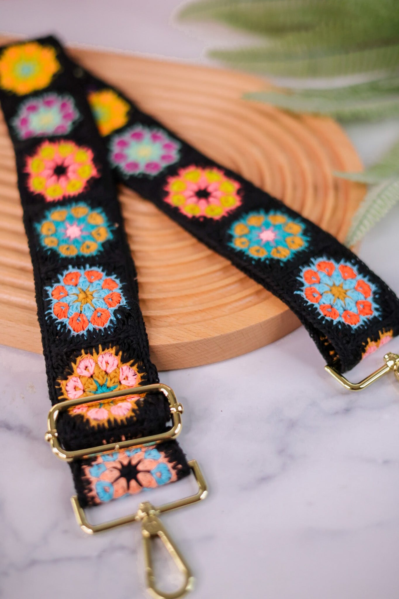 Black Floral Crochet Bag Strap