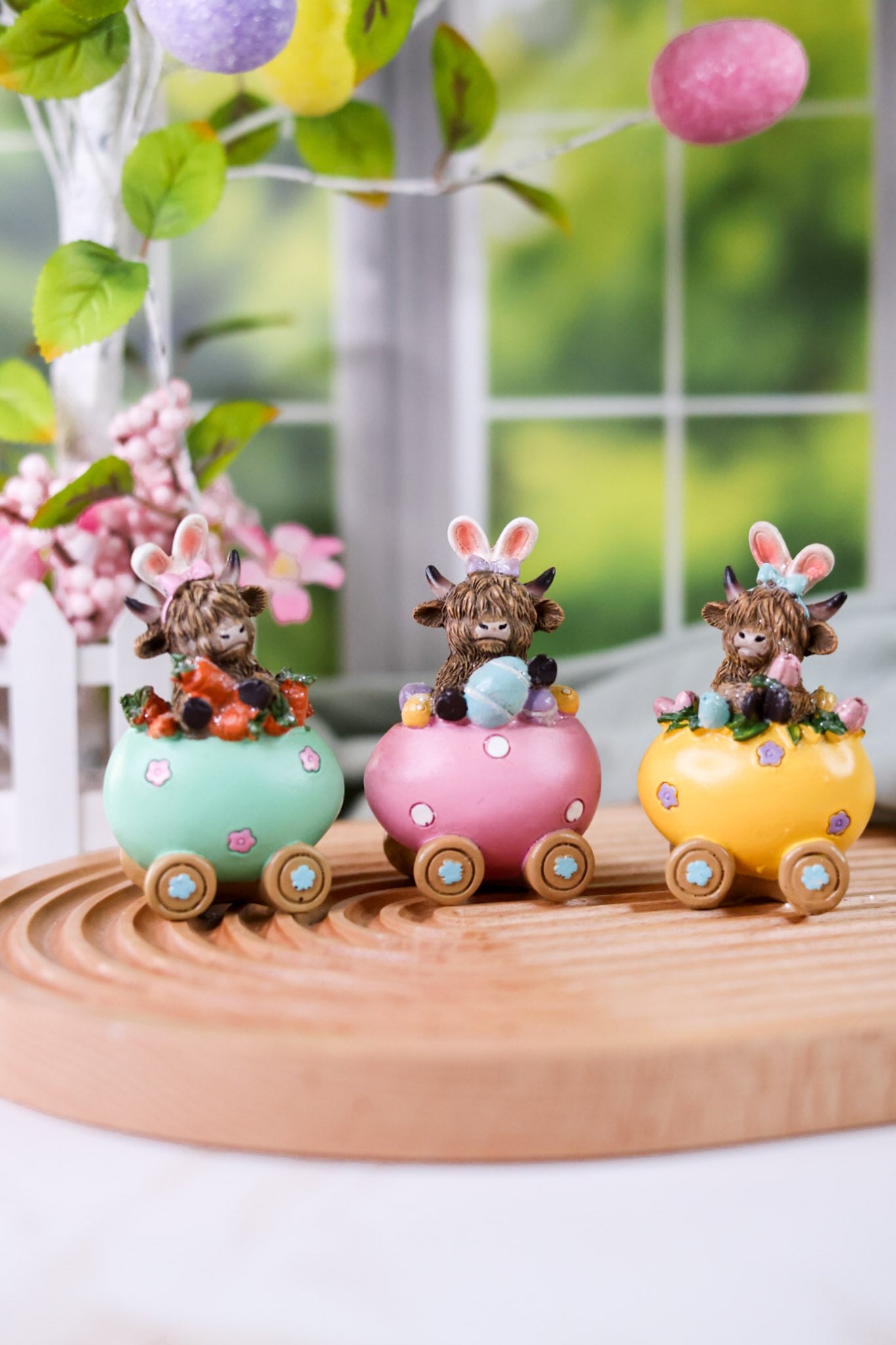 Resin Highland Cows In Easter Egg Carts (3 Styles) FINAL SALE