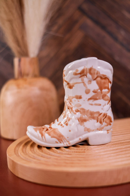 Nashville White and Brown Ceramic Cowboy Boot Candle in Desert Peach