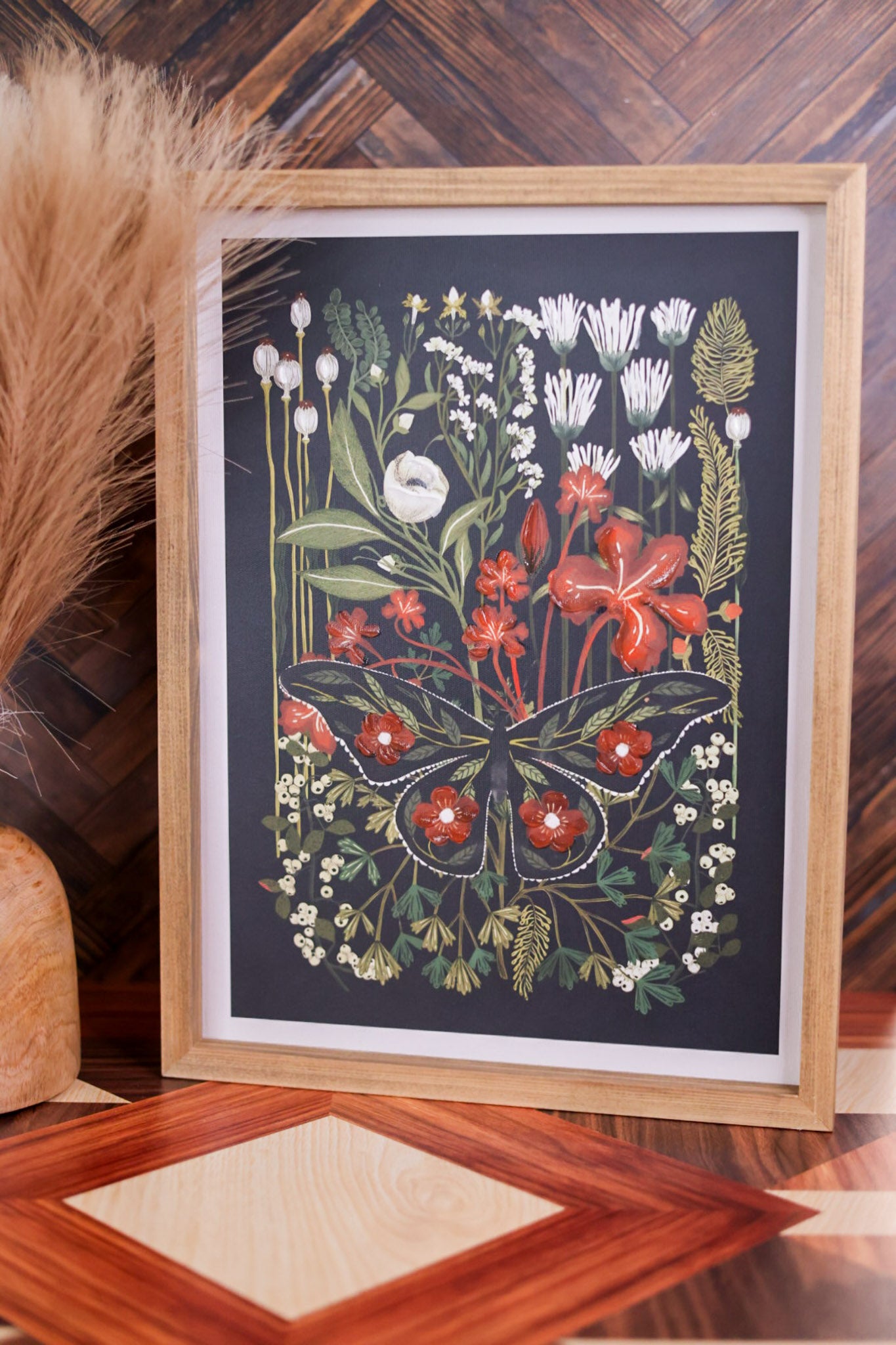 Wood Framed Textured Floral and Butterfly Painting