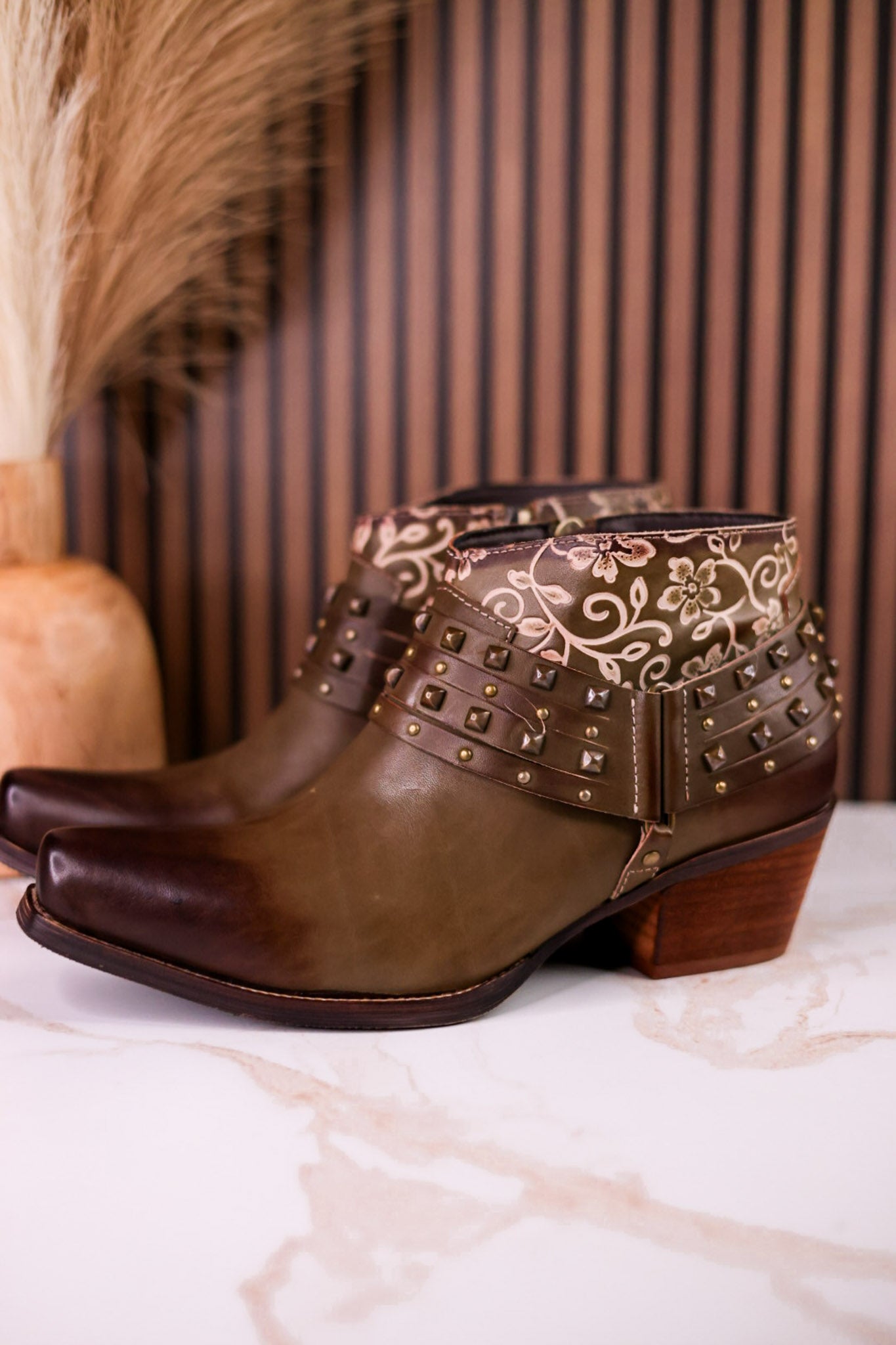 Olive Green Ankle Boots With Studs & Floral Embossing
