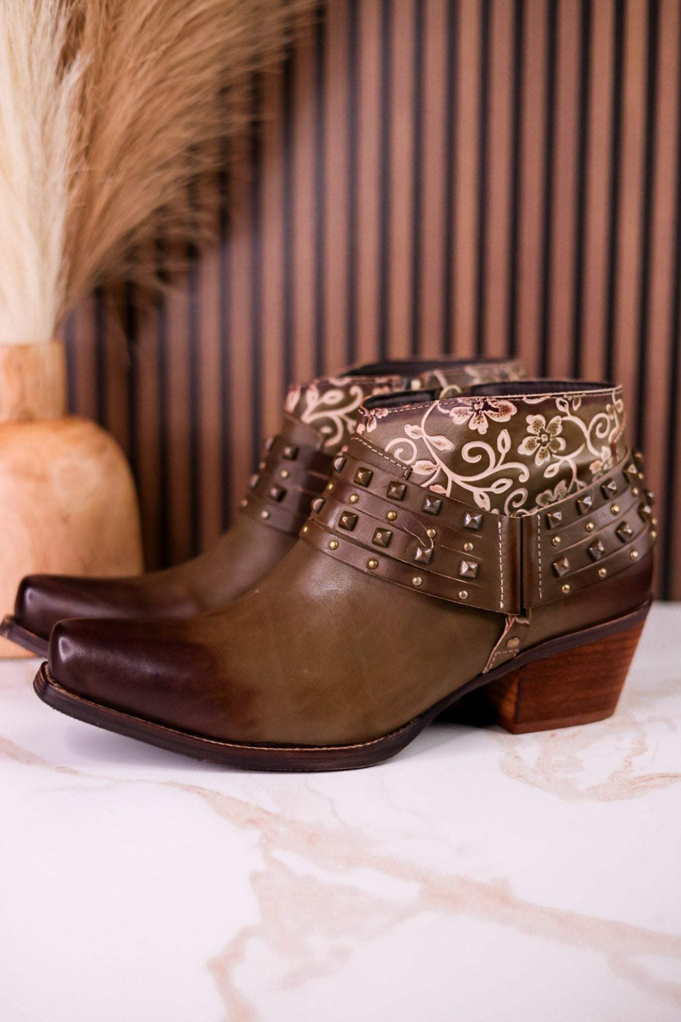 Olive Green Ankle Boots With Studs & Floral Embossing