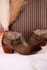 Olive Green Ankle Boots With Studs & Floral Embossing