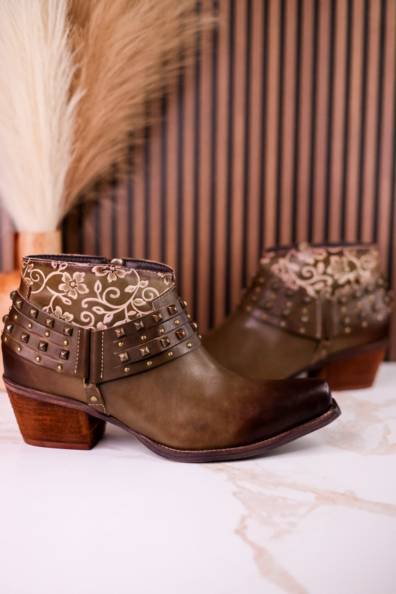 Olive Green Ankle Boots With Studs & Floral Embossing