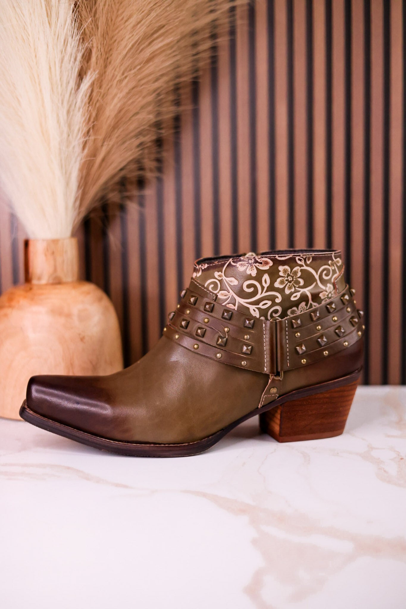 Olive Green Ankle Boots With Studs & Floral Embossing