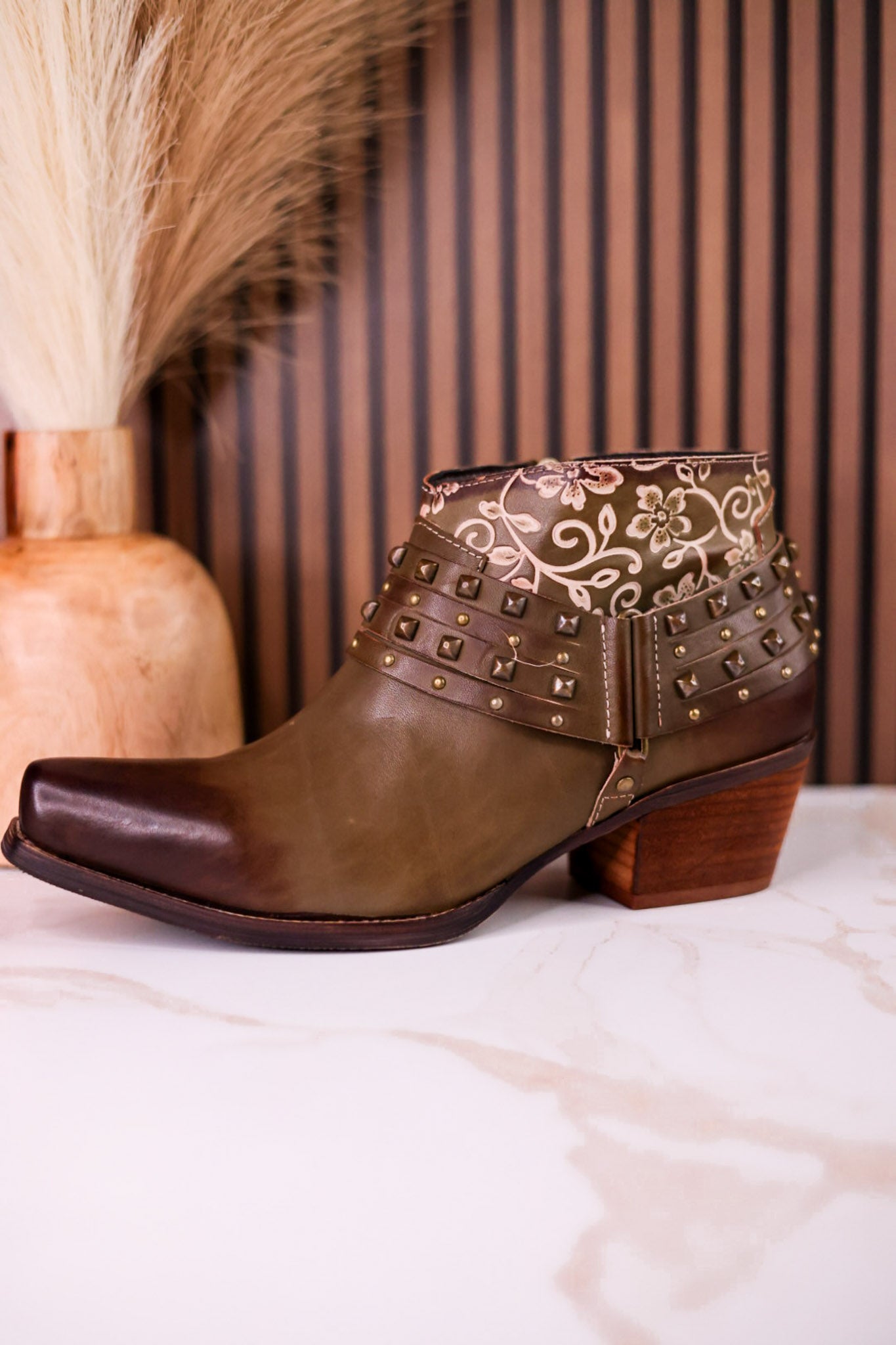 Olive Green Ankle Boots With Studs & Floral Embossing