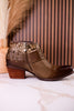 Olive Green Ankle Boots With Studs & Floral Embossing