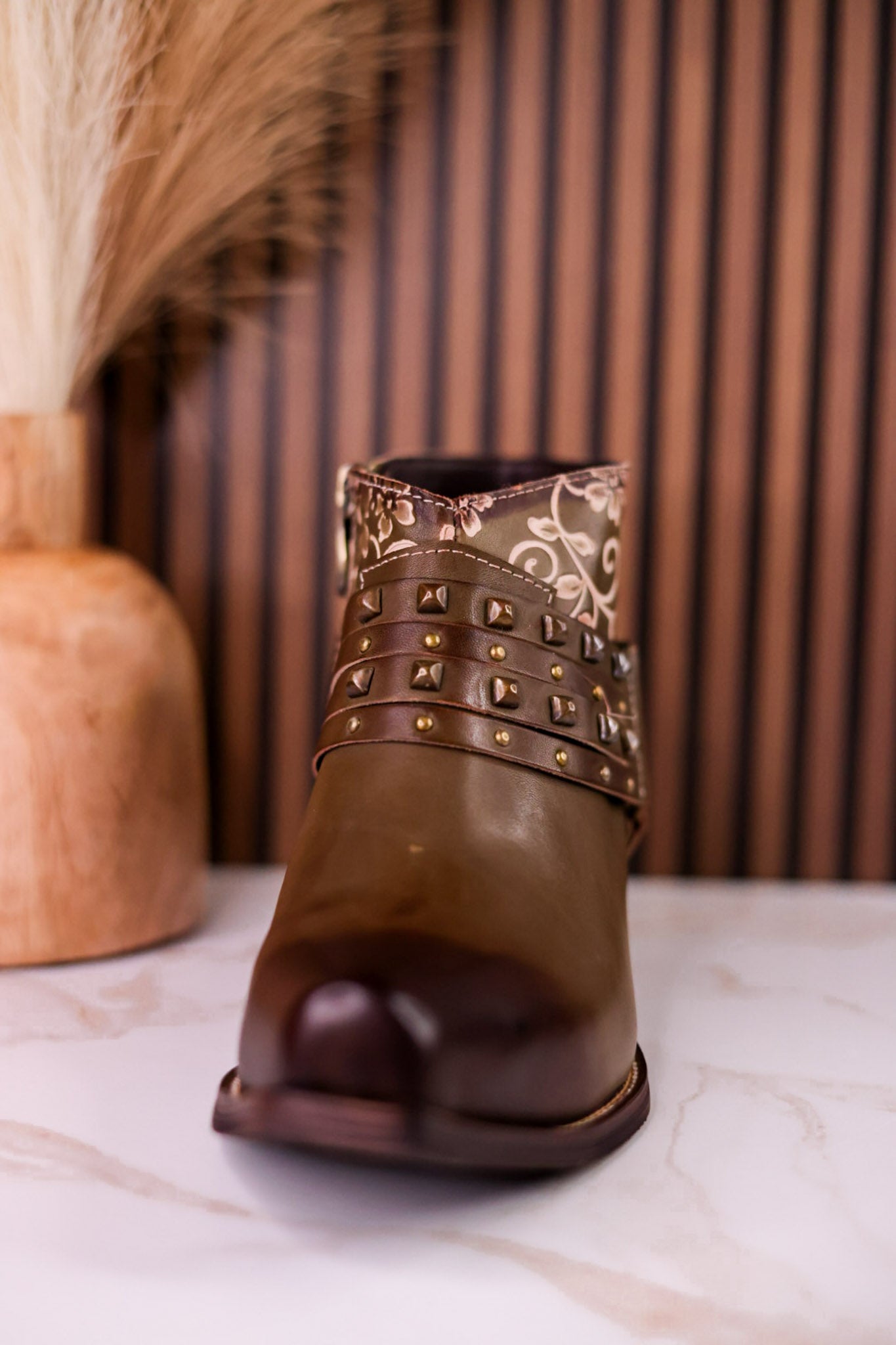 Olive Green Ankle Boots With Studs & Floral Embossing