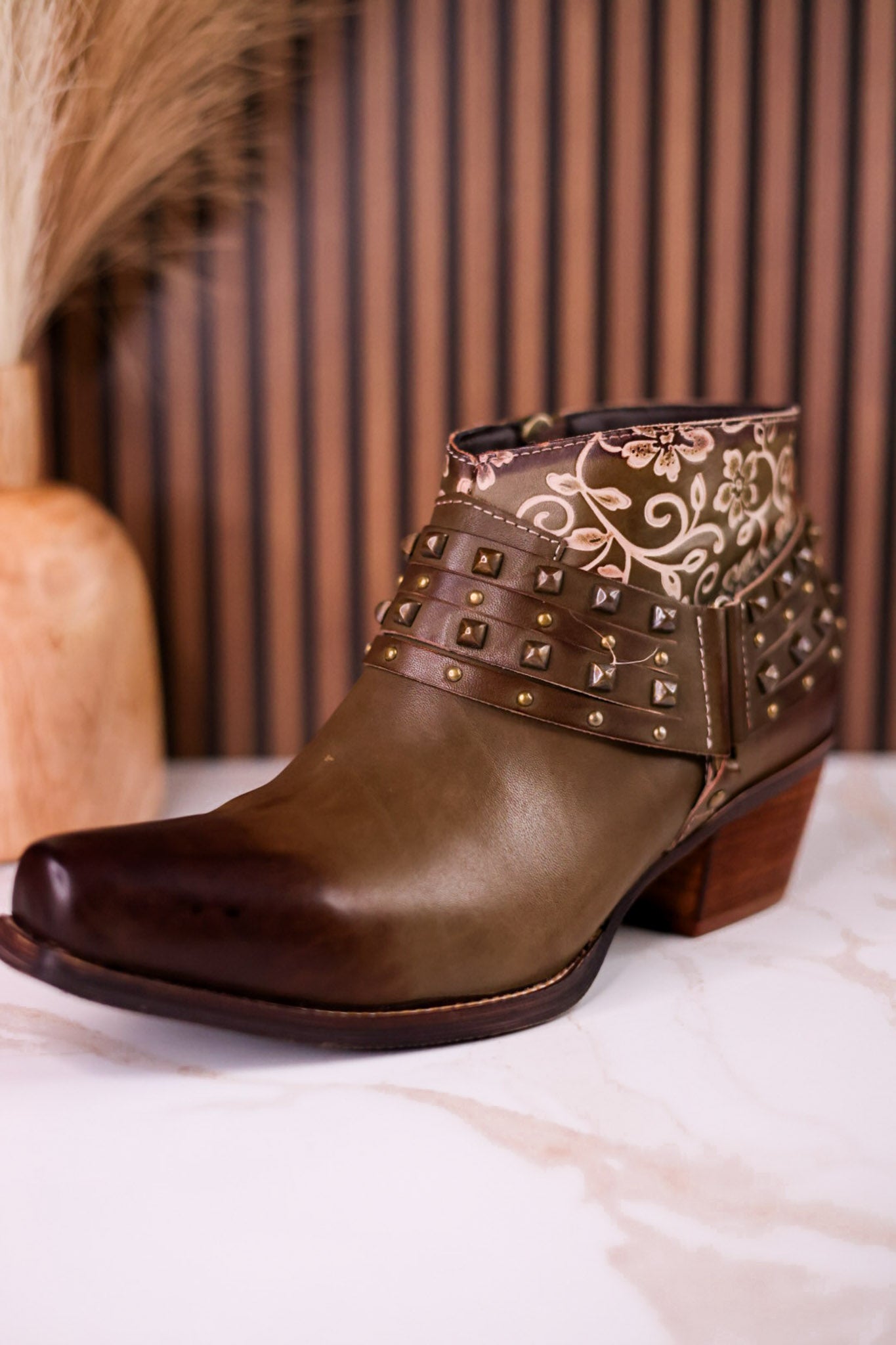 Olive Green Ankle Boots With Studs & Floral Embossing