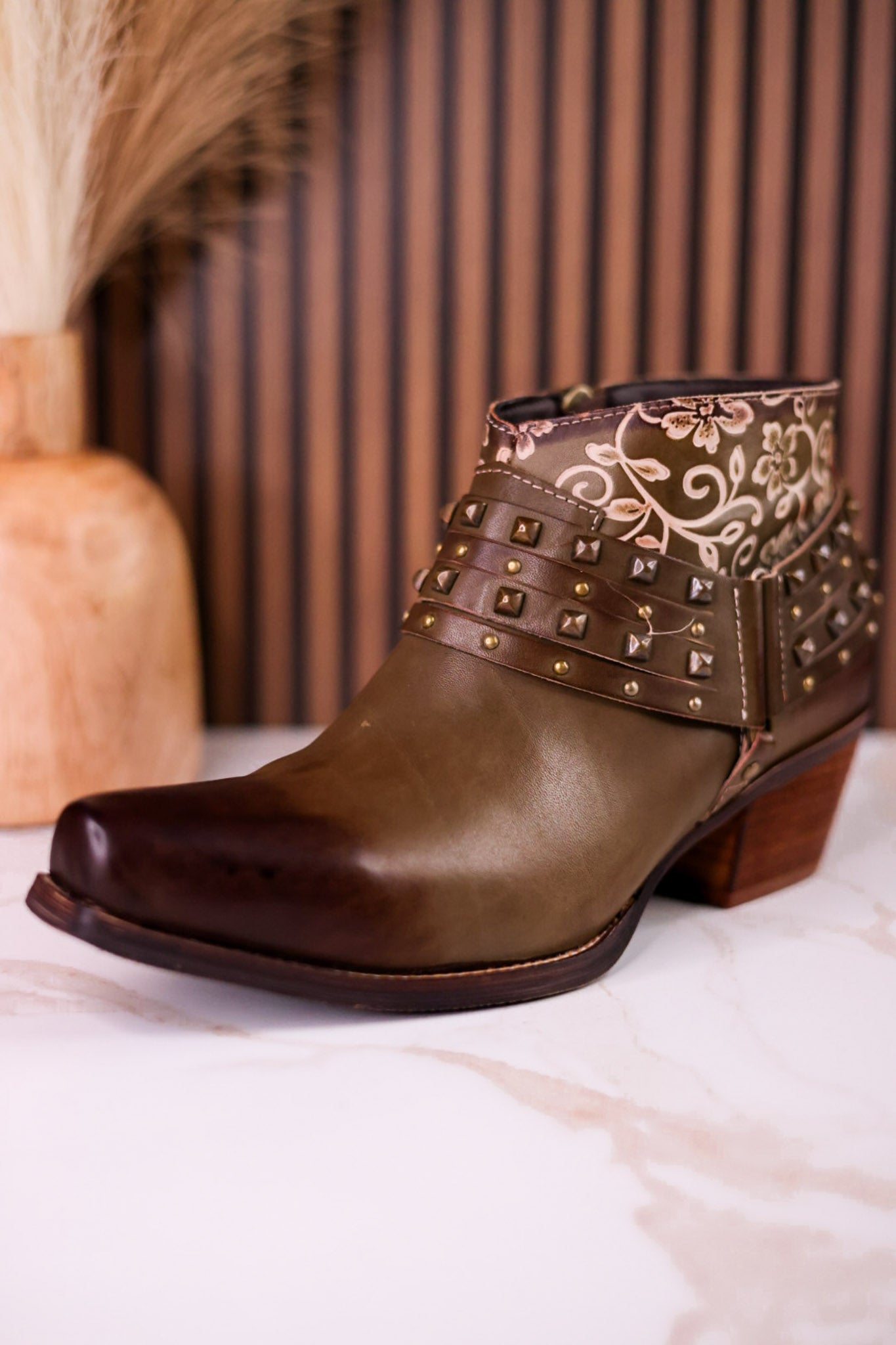 Olive Green Ankle Boots With Studs & Floral Embossing