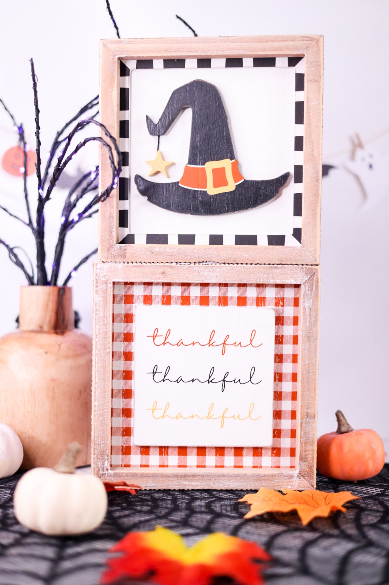 Witch Hat/Thankful Reversible Wood Framed Sign