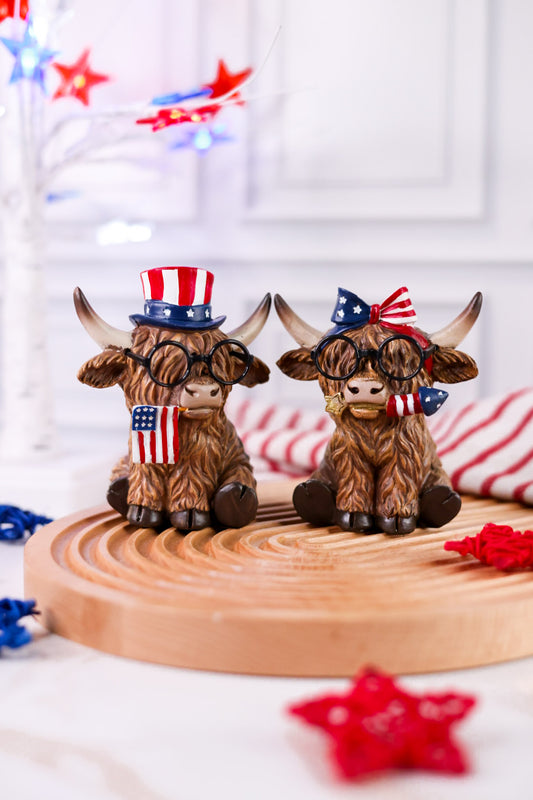 Patriotic Highland Cows With Glasses Resin Tabletop Sitter (2 Styles)
