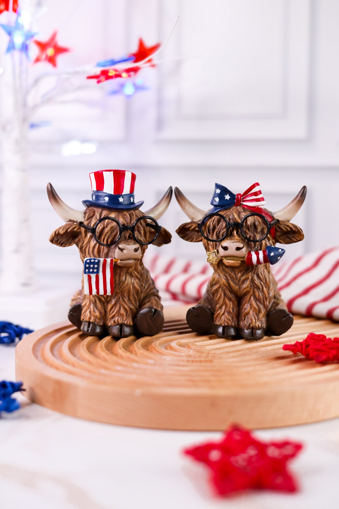Patriotic Highland Cows With Glasses Resin Tabletop Sitter (2 Styles)