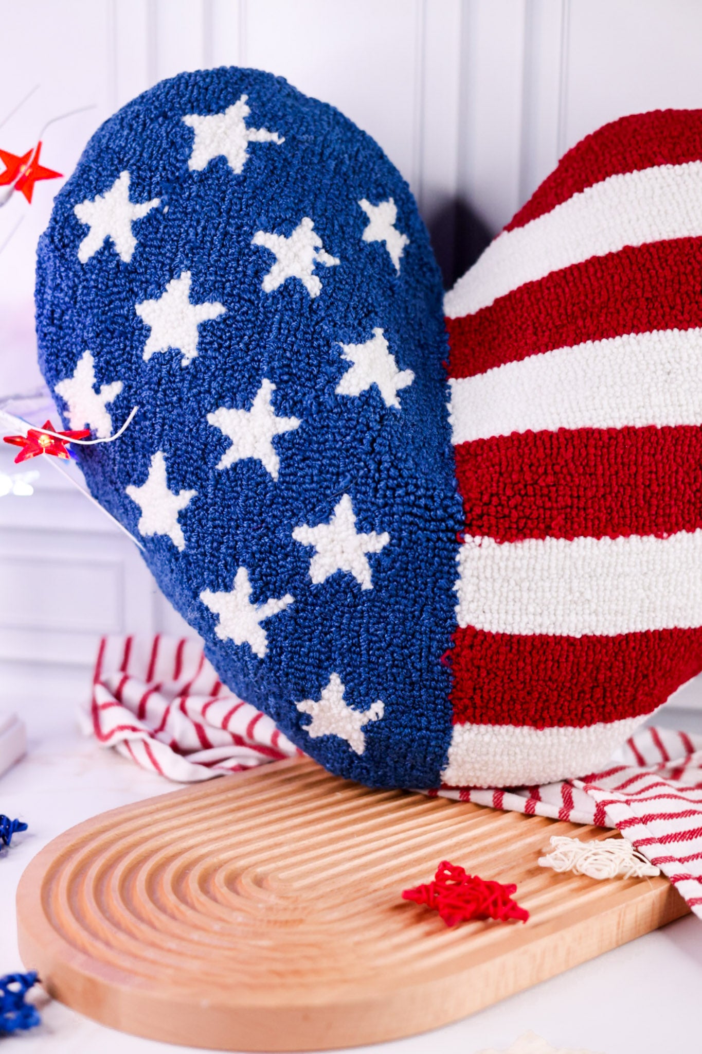 American Flag Heart Shaped Hooked Pillow