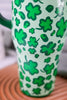 Close-up of Lucky Leopard 40oz Mega Mug featuring vibrant green clover pattern on light background