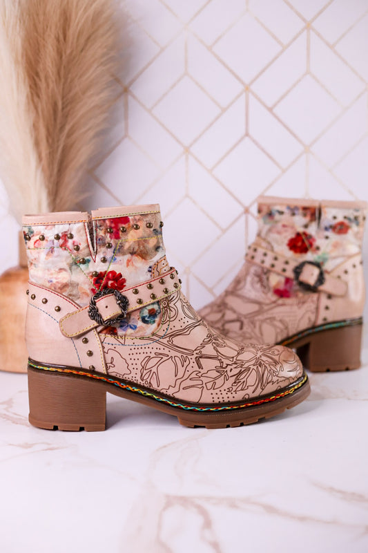Branchout Floral Leather Boots With Antique Style Buckle featuring colorful floral artwork and sturdy block heels styled indoors