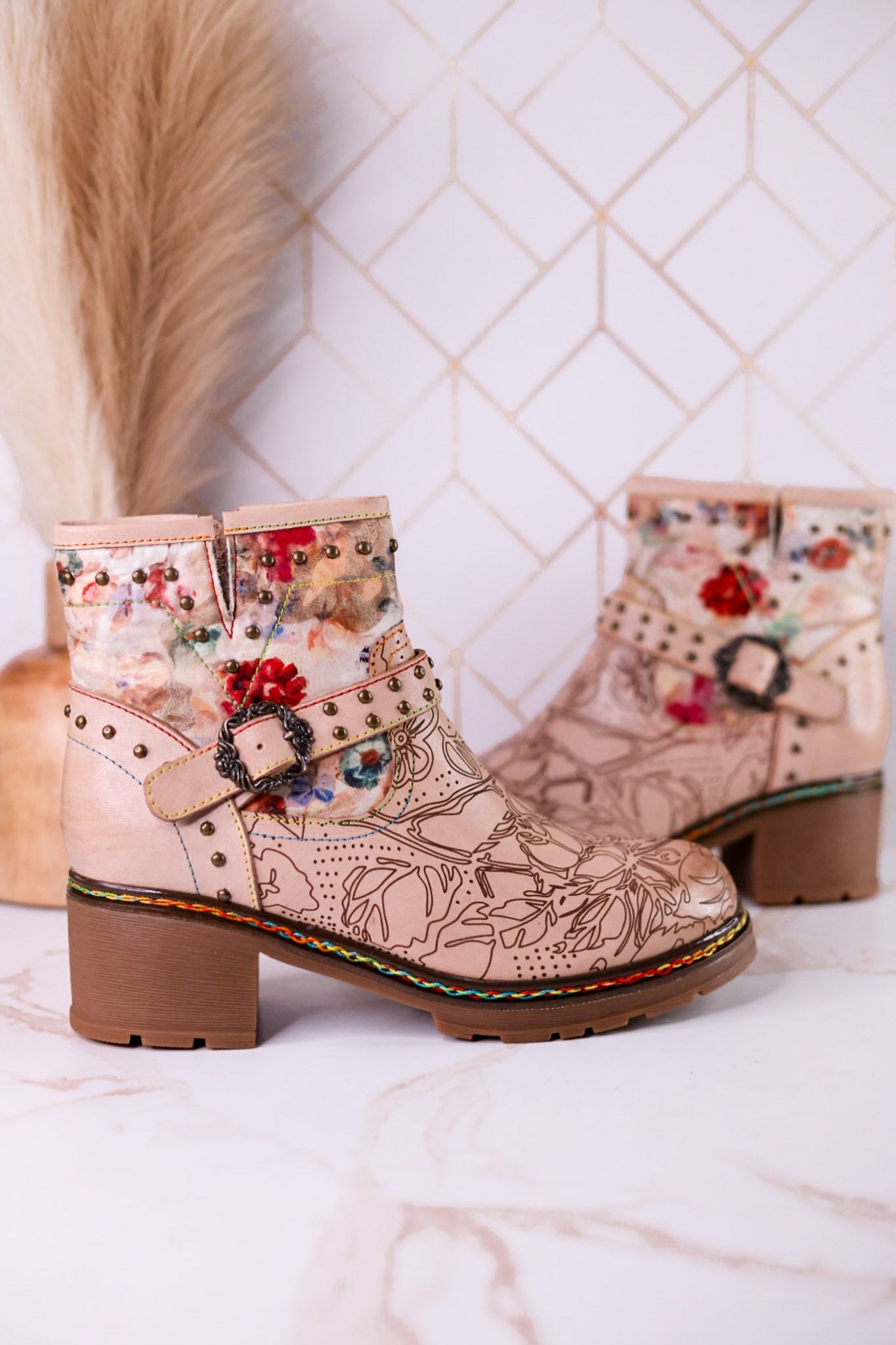 Branchout Floral Leather Boots With Antique Style Buckle