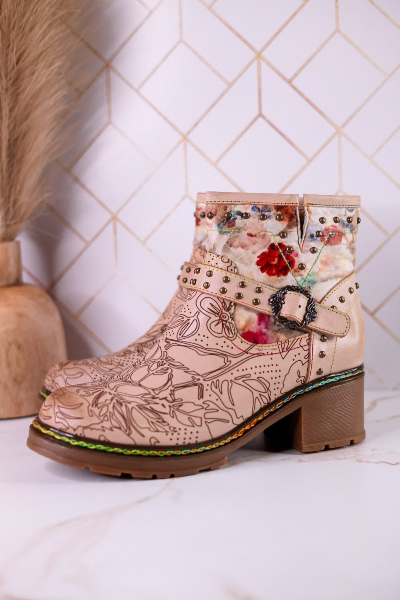 Branchout Floral Leather Boots With Antique Style Buckle