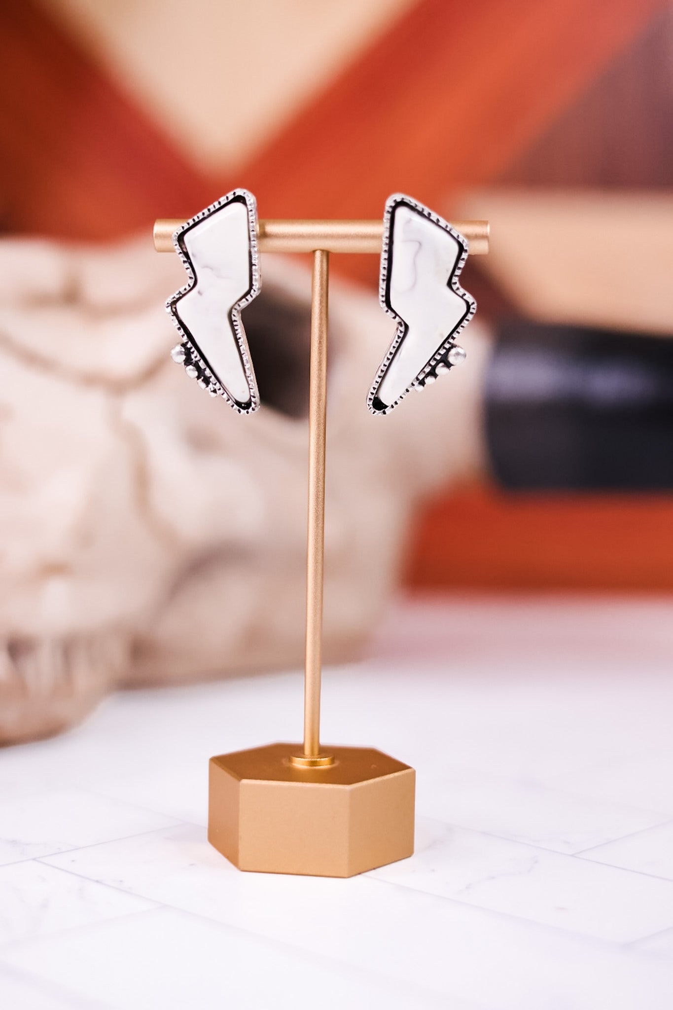 White Stone Lightning Bolt Earrings