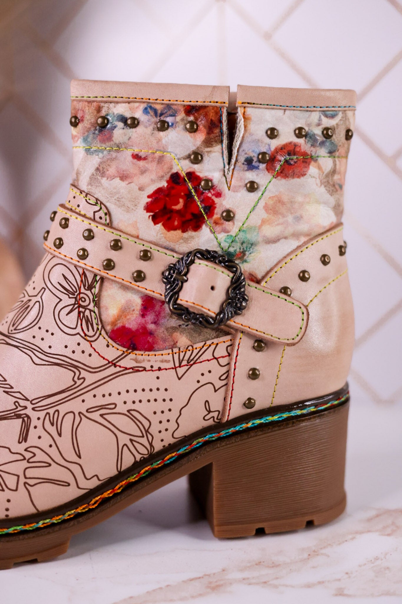 Branchout Floral Leather Boots With Antique Style Buckle