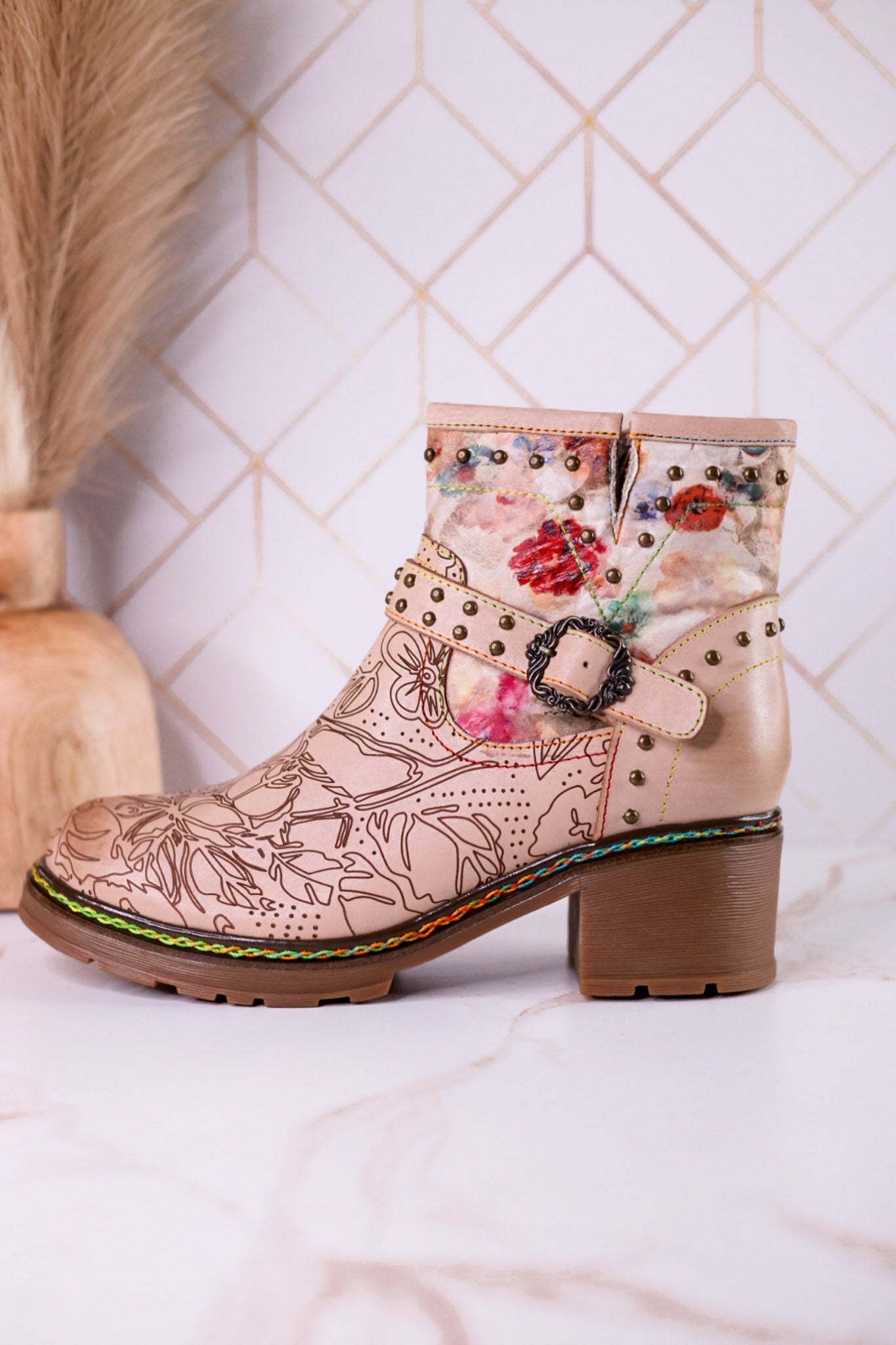 Branchout Floral Leather Boots With Antique Style Buckle