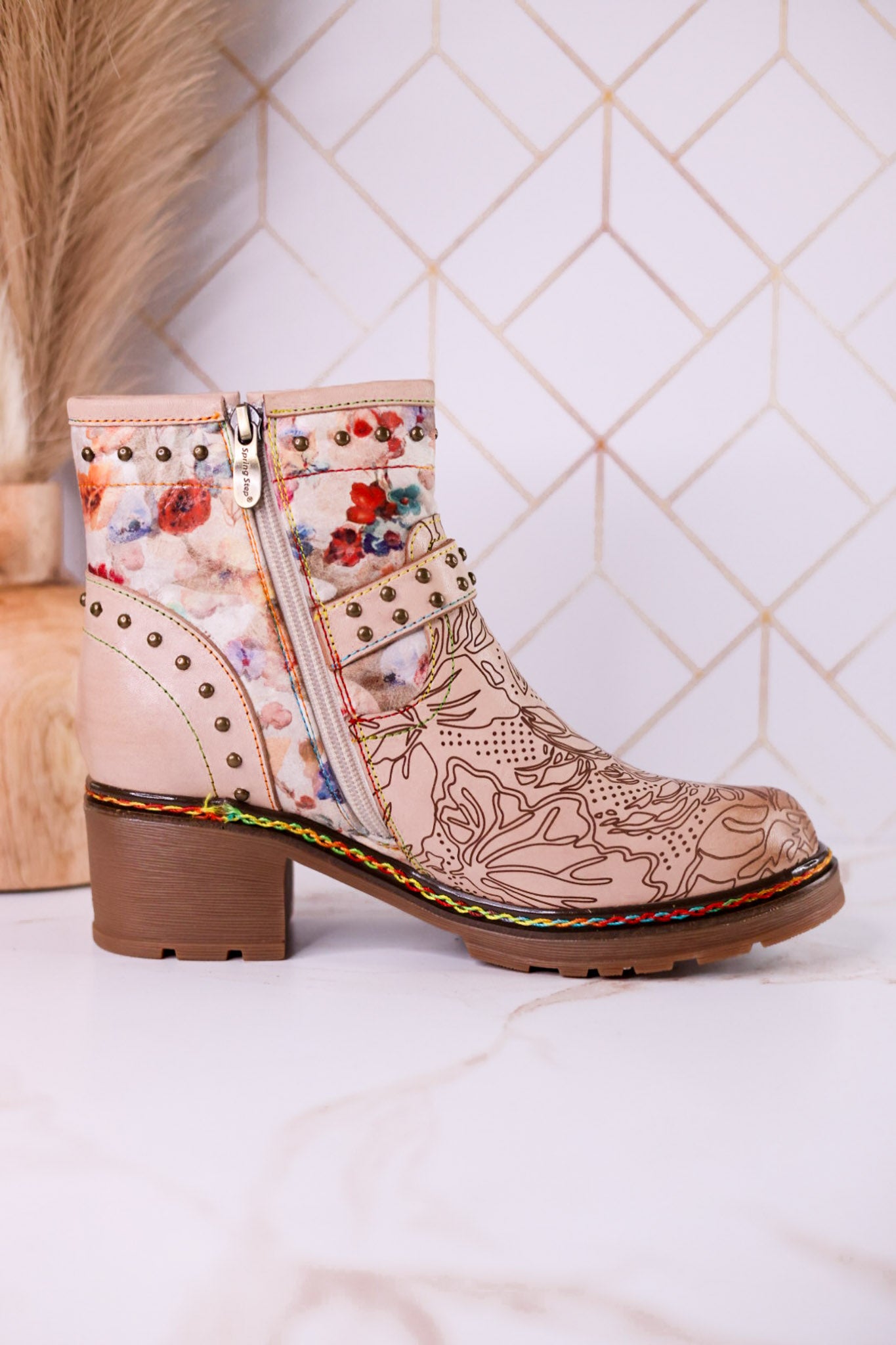 Branchout Floral Leather Boots With Antique Style Buckle