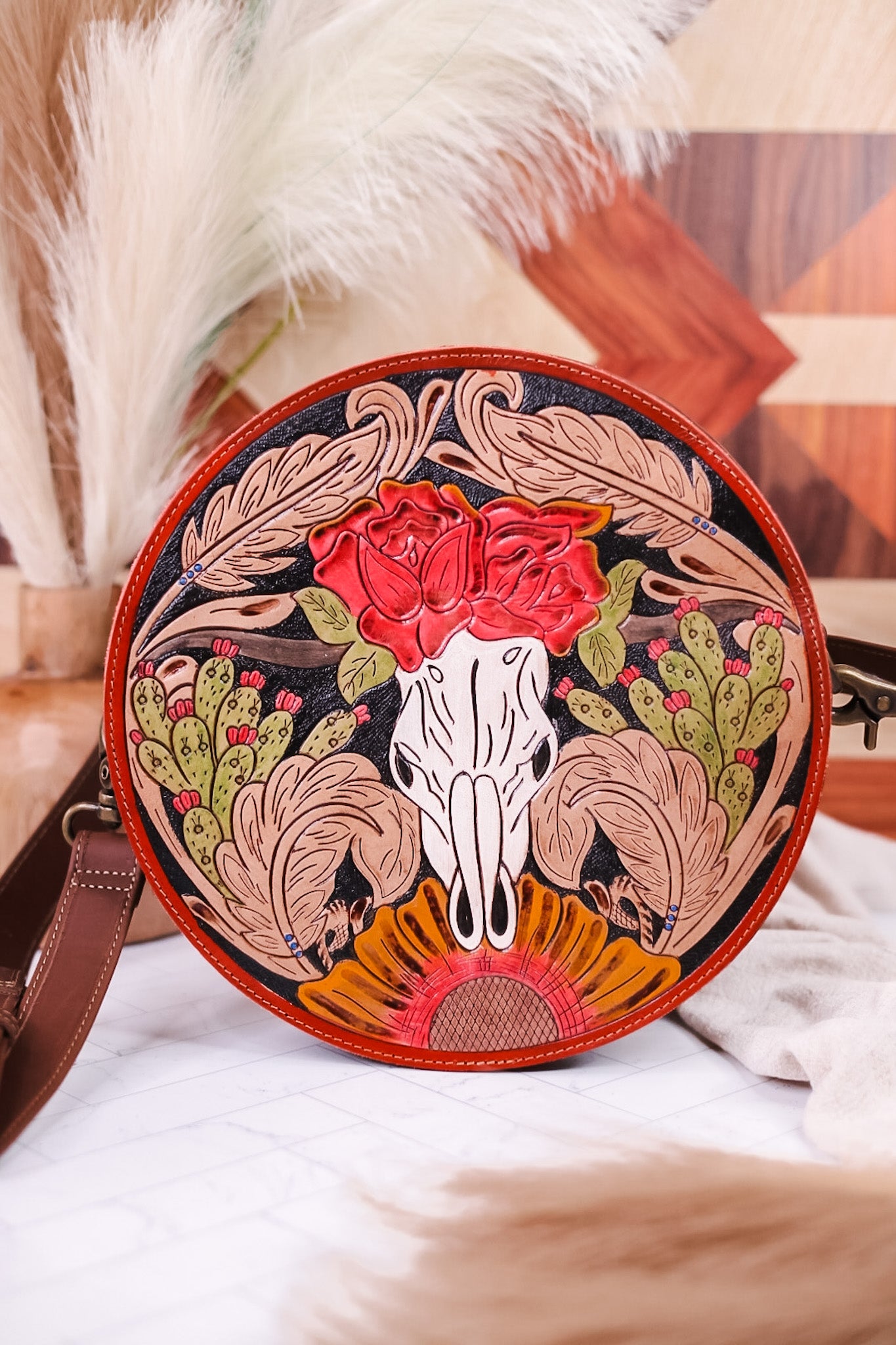 Southwestern Hand Tooled Round Leather Bag