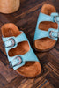 Teal "Atta Girl" Sandals With Engraved Buckles