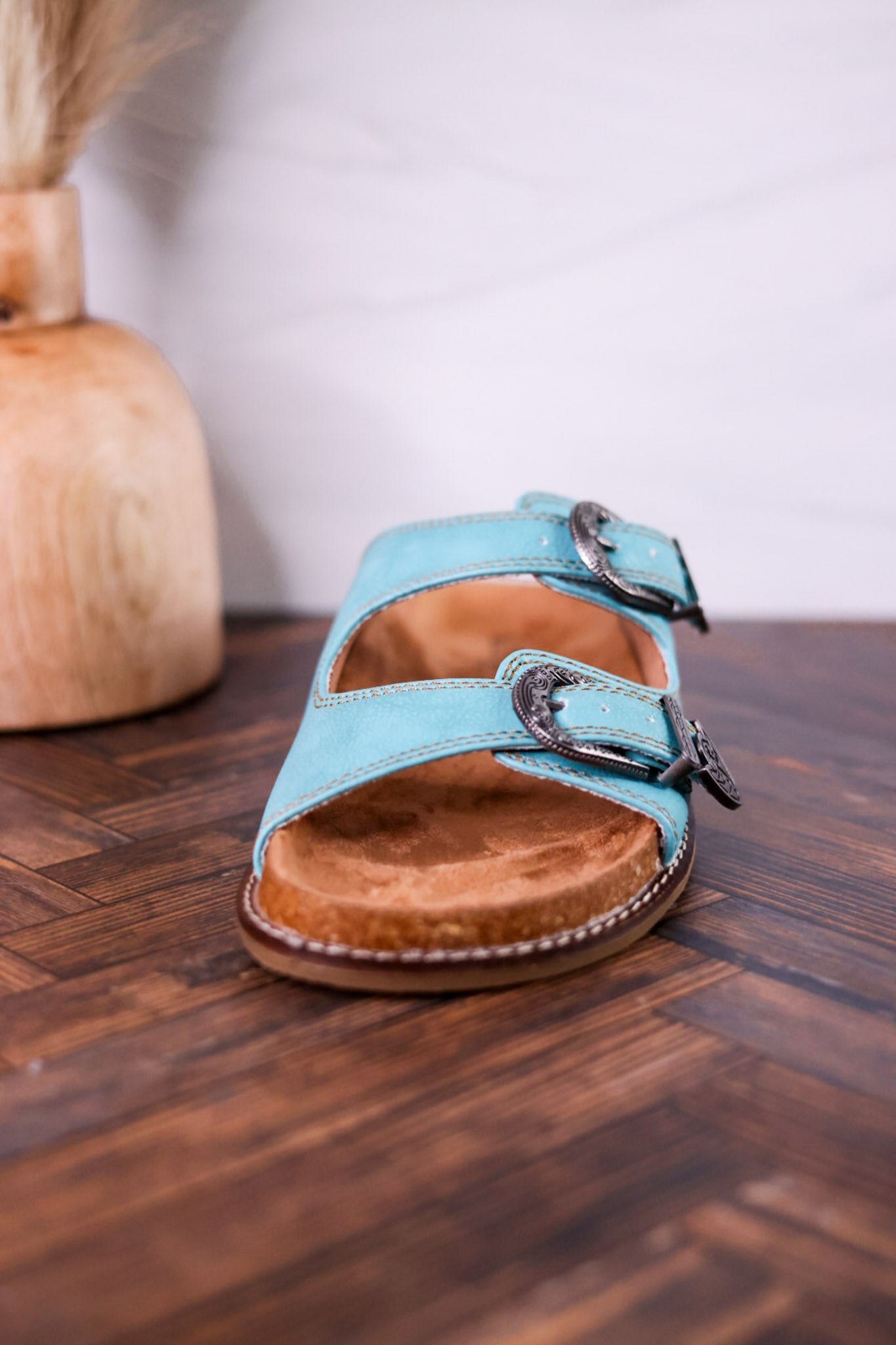 Teal "Atta Girl" Sandals With Engraved Buckles