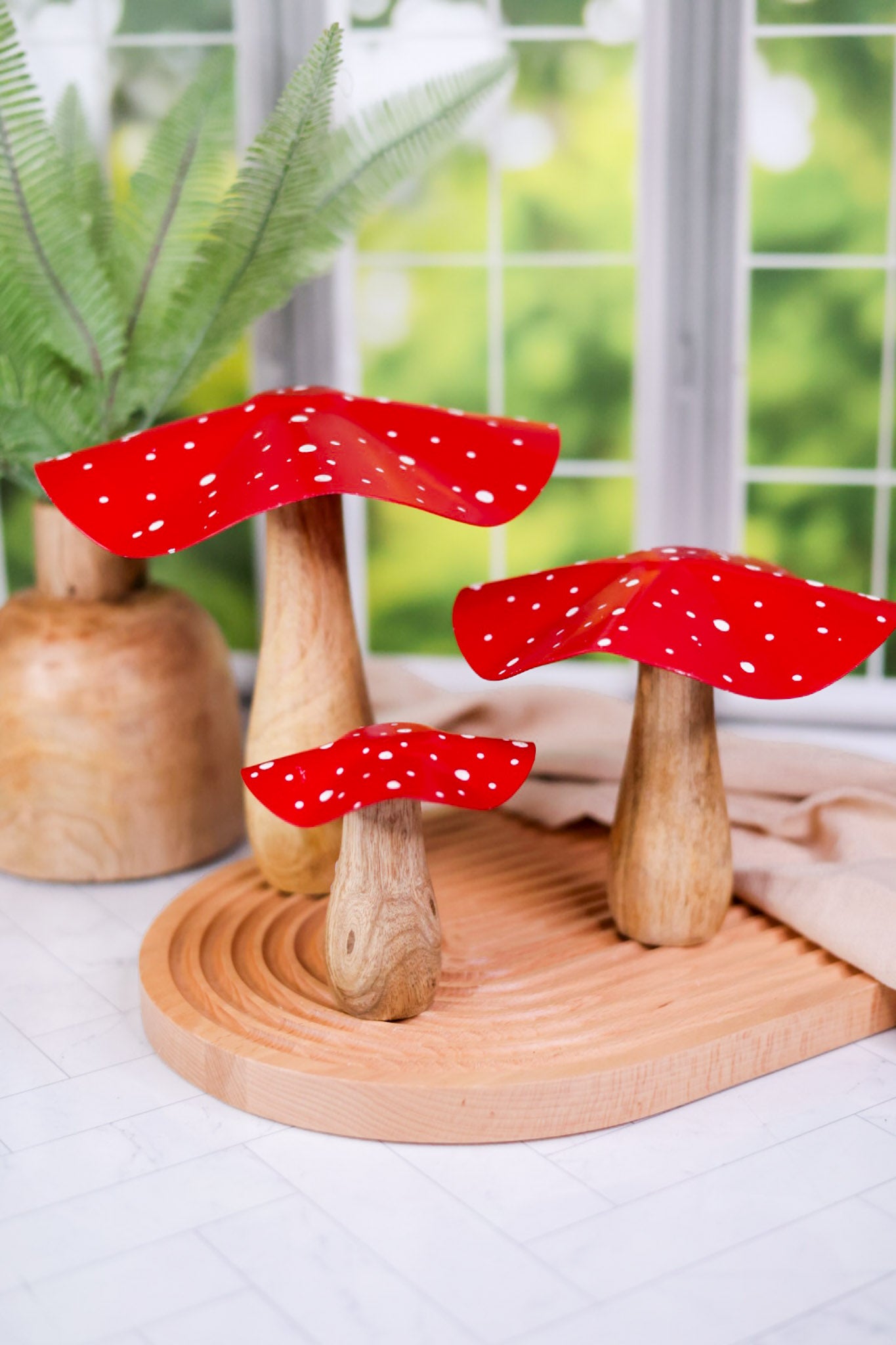 Metal and Mango Wood Red Mushrooms (3 Sizes)