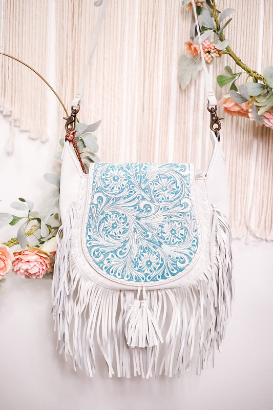 Turquoise and White Hand Tooled Leather Bag with Fringe