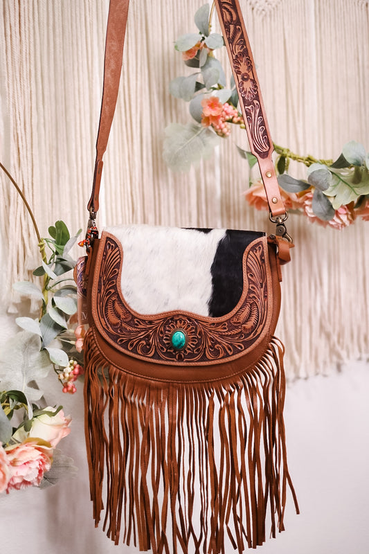 Hair on Hide Purse with Tooled Leather and Turquoise