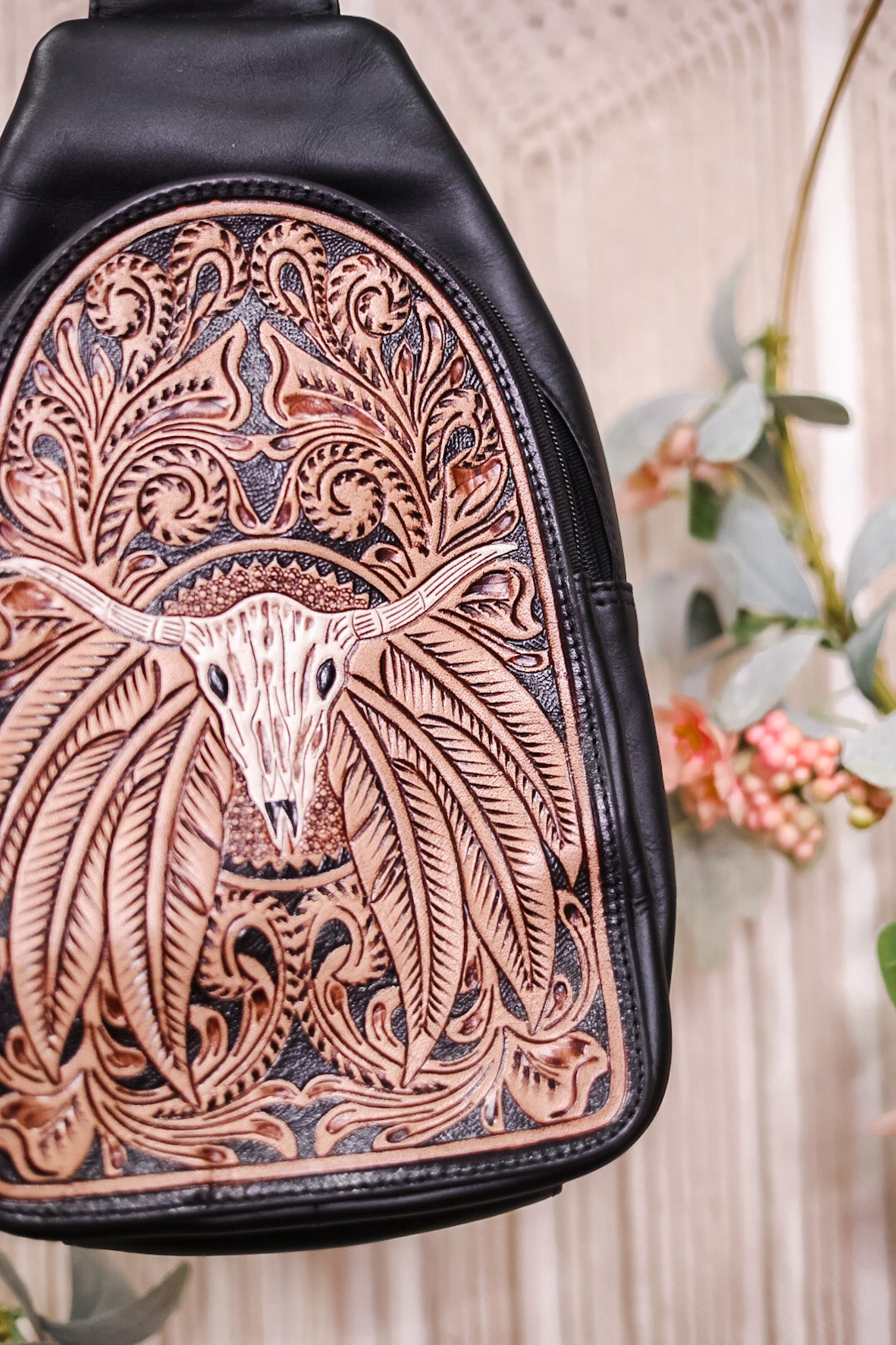Steer Skull Leather Sling Bag